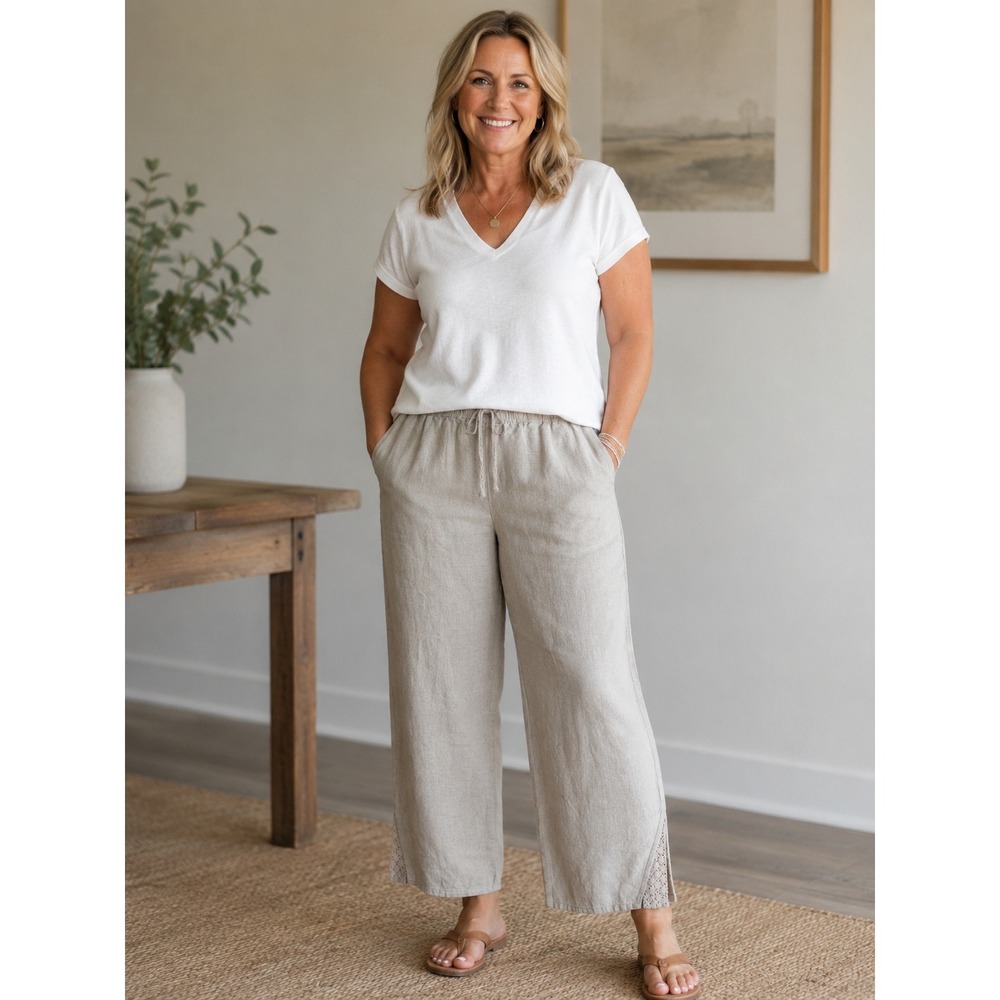 NWT J. Jill Linen Wide Leg Pants Flax Beige Crochet Trim Sz 2X